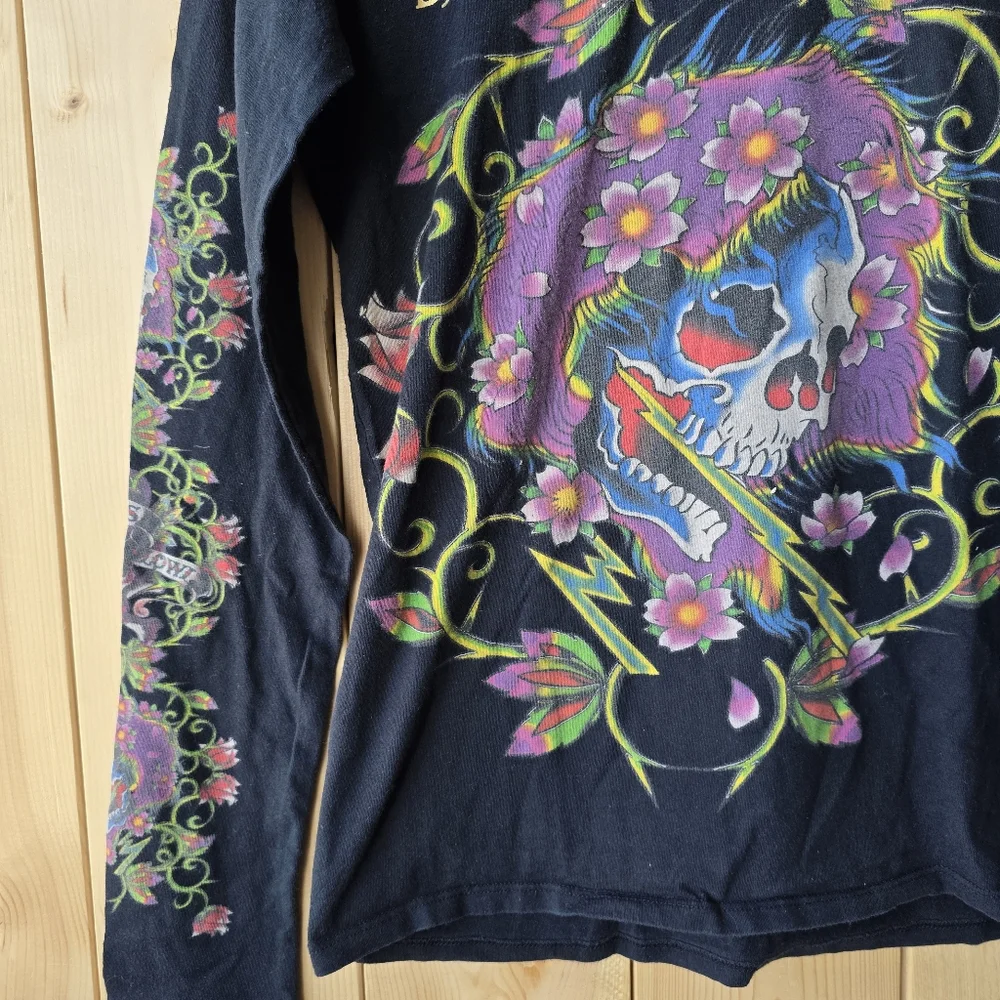 Christian Audigier Ed Hardy Long Sleeve Black Skull Floral Print Shirt Mens S - Picture 3 of 15